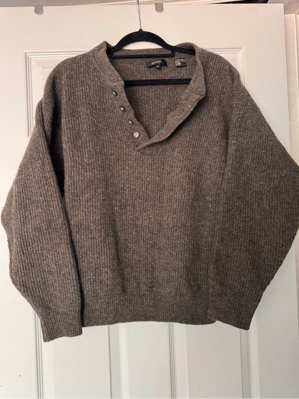 Hugo Boss Brown Ribbed Button-Placket Crewneck Sweater - Picture 3 of 4